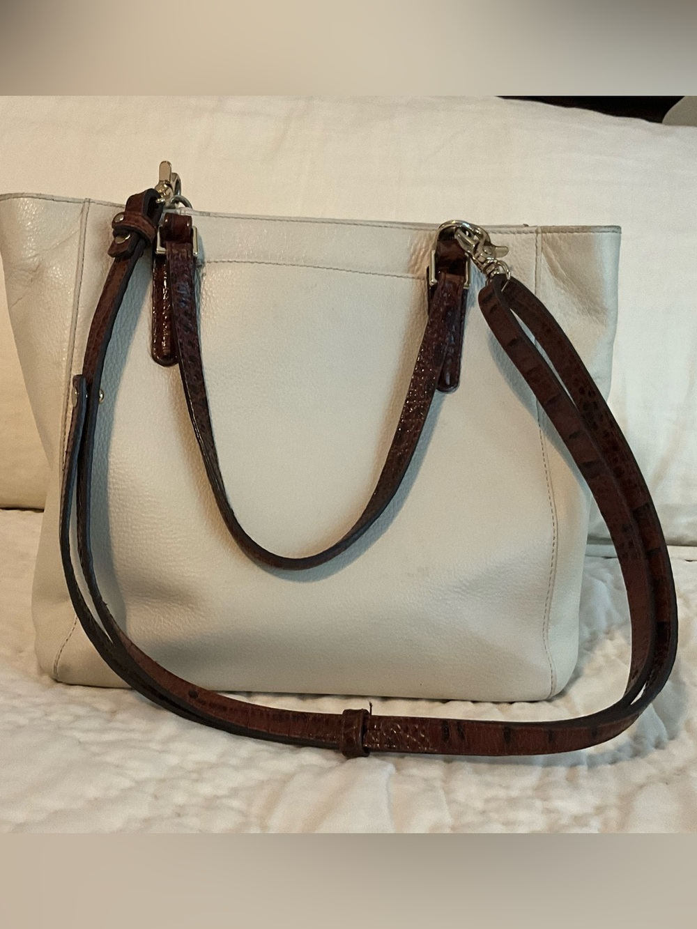 Women's White and Brown Croc-Trim Tote Bag Brahmin - Picture 1 of 5